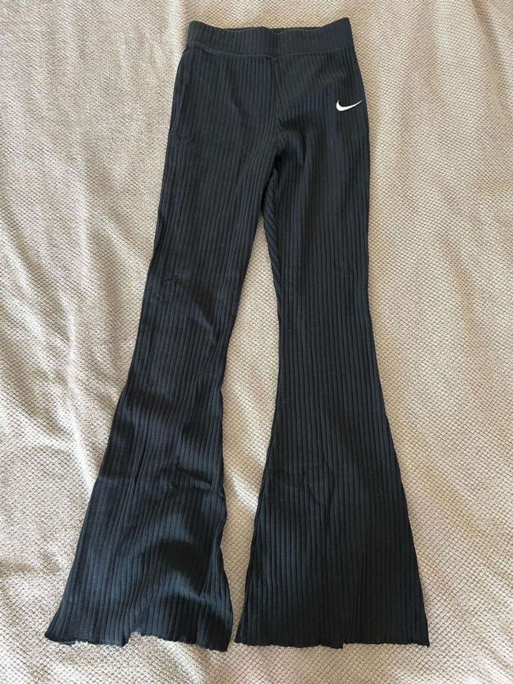 Nike Black Ribbed Flare Leggings with White Swoosh